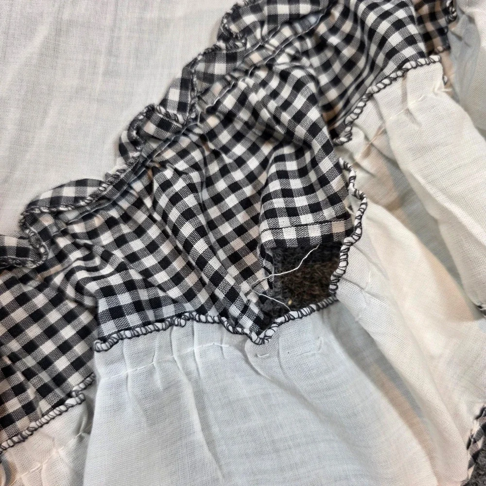 Set Black White Check Cotton Ruffled Swag Valance Gingham  Farmhouse Vtg Curtain